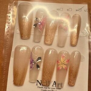 Press On Nails Gold Glitter Butterfly Flower Long Coffin Manicure Set‎